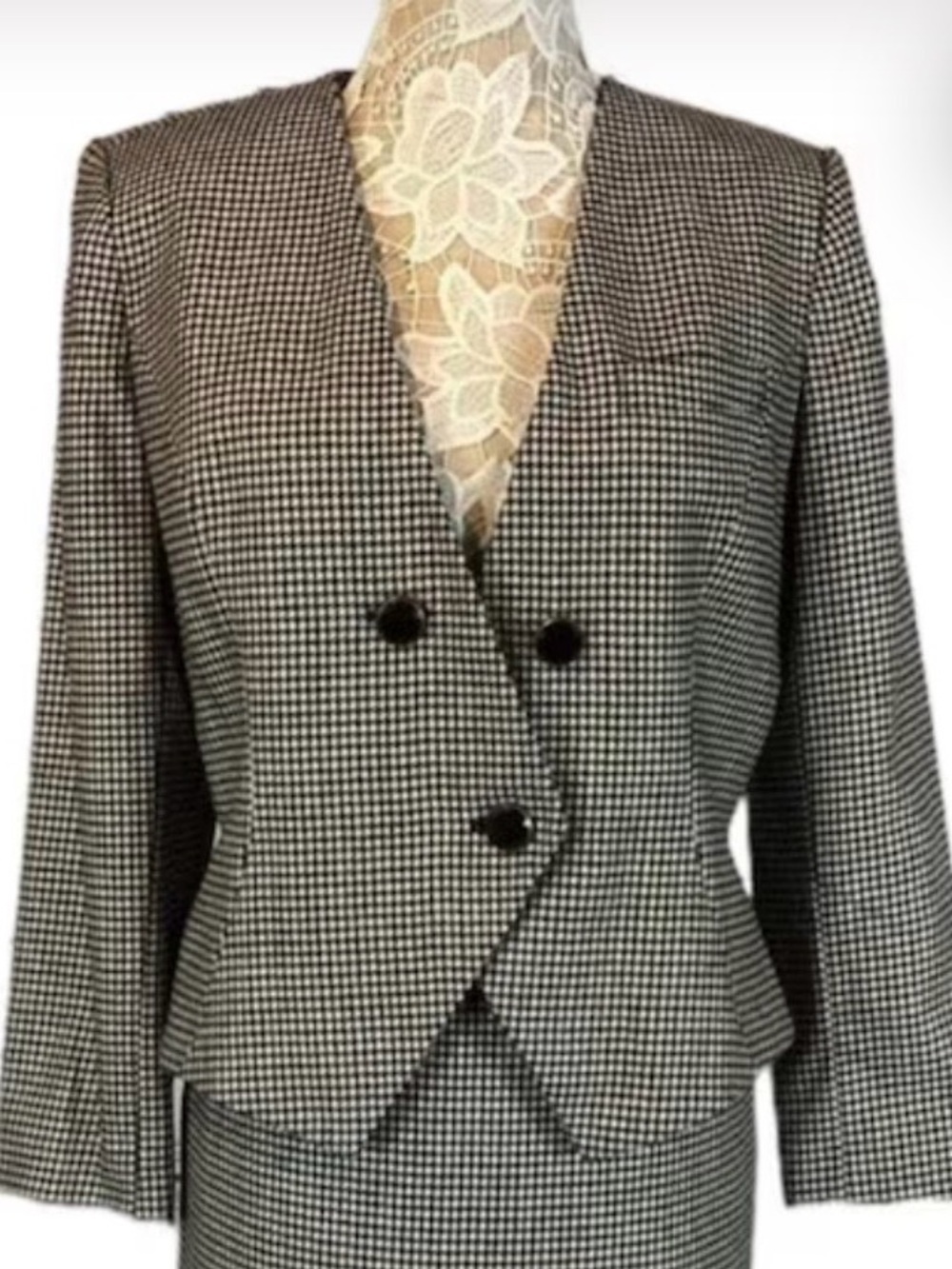 Kasper Black and White Houndstooth Double-Button Blazer